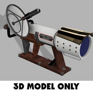 May include: A 3D model of a futuristic device with a white cylindrical body, a black handle, and a circular dish. The device is mounted on a wooden base and features the text "OUTER WILDS VENTURES". The words "3D MODEL ONLY" are at the bottom.