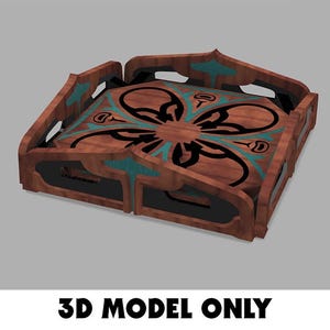 May include: A wooden tray with a decorative floral design in black and teal. The tray has a square shape with curved edges and a dark interior. The text "3D MODEL ONLY" is displayed at the bottom of the image.