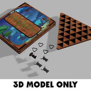 May include: A wooden board game set featuring a square box with a landscape illustration, a triangular board with recessed triangular slots, and several small game pieces. The text 3D MODEL ONLY is printed at the bottom of the image.