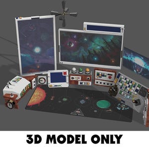May include: A collection of 3D model space-themed props, including screens displaying galaxies and a control panel. The set features a variety of shapes and sizes, with a dark color scheme and the text "3D MODEL ONLY".