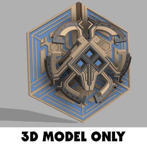 May include: A geometric 3D model with a hexagonal base, featuring intricate designs in shades of tan, blue, and gray. The model has a central square element with diamond-shaped details. The text "3D MODEL ONLY" is displayed at the bottom.