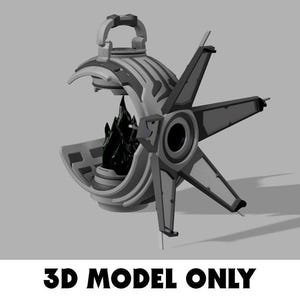 May include: A 3D model of a futuristic, open orb-shaped object with a star-like structure on the side. The orb is gray and white, with a dark interior. The text "3D MODEL ONLY" is at the bottom.
