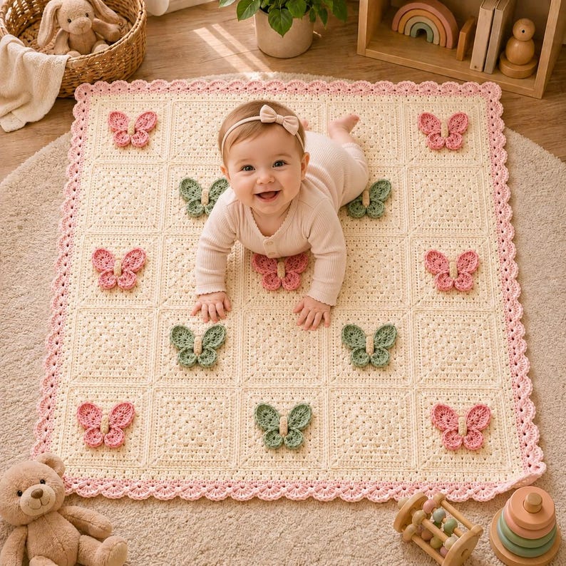 Puede incluir: Una manta de ganchillo cuadrada para beb&eacute; en hilo color crema con un borde festoneado rosa. La manta presenta una cuadr&iacute;cula de cuadrados, cada uno decorado con una aplicaci&oacute;n de mariposa tridimensional en tonos alternos de rosa suave y verde salvia.