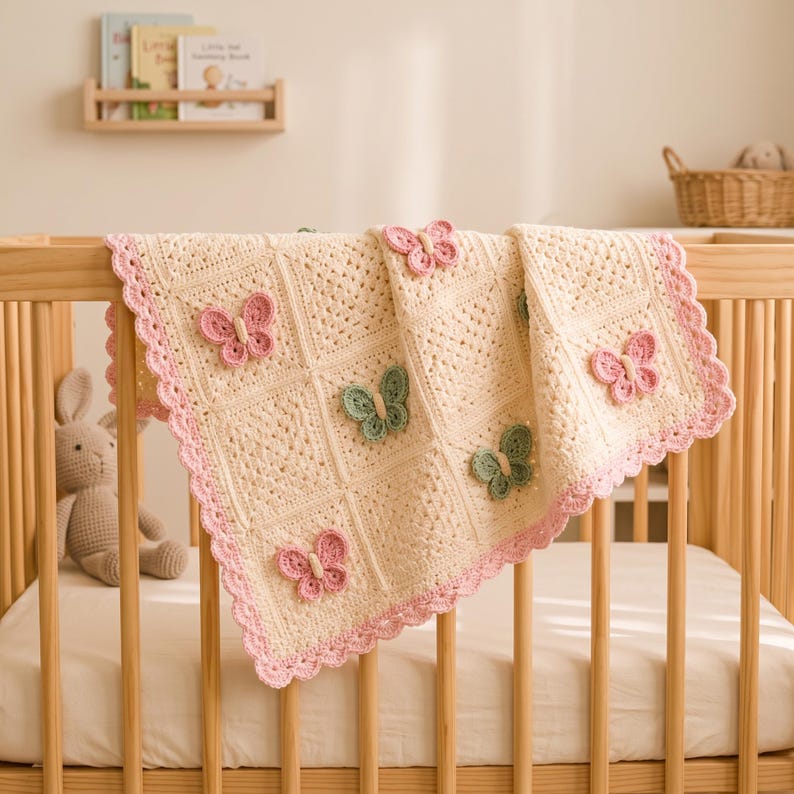 Puede incluir: Una manta de ganchillo para beb&eacute; de color crema con una textura de patr&oacute;n cuadrado y un borde festoneado rosa. La manta est&aacute; decorada con varias mariposas de ganchillo tridimensionales en tonos suaves de rosa y verde salvia.