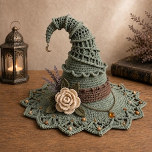 Può includere: Un cappello a punta all'uncinetto color verde salvia con un'ampia tesa smerlata decorata con piccole perline di legno. Il cappello è ornato da una grande rosa all'uncinetto color crema, foglie verde scuro, rametti di lavanda e un ciondolo a luna.