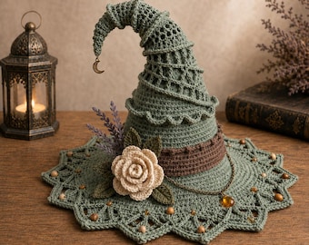 May include: A sage green crocheted pointed hat featuring a wide, scalloped brim adorned with small wooden beads. The hat is decorated with a large cream-colored crocheted rose, dark green leaves, sprigs of lavender, and a gold crescent moon charm.