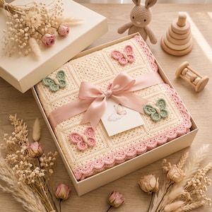 Patrón fácil de manta de bebé a crochet, cuadrado de mariposa y nube con borde festoneado en PDF para regalo de baby shower. imagen 9