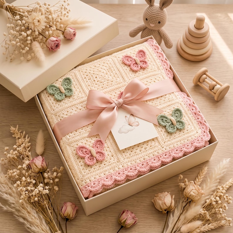Patrón fácil de manta de bebé a crochet, cuadrado de mariposa y nube con borde festoneado en PDF para regalo de baby shower. imagen 9