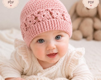Patrón de gorro de bebé a crochet para recién nacidas, tutorial en PDF de gorro floral, patrón fácil para regalo de baby shower hecho a mano.