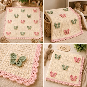 Puede incluir: Una manta cuadrada de ganchillo color crema con una cuadr&iacute;cula de cuadrados texturizados, cada uno adornado con una mariposa tridimensional en rosa suave o verde salvia. La manta est&aacute; rematada con un borde de ganchillo festoneado rosa.