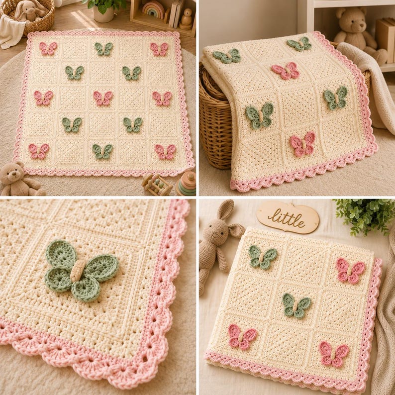 Puede incluir: Una manta cuadrada de ganchillo color crema con una cuadr&iacute;cula de cuadrados texturizados, cada uno adornado con una mariposa tridimensional en rosa suave o verde salvia. La manta est&aacute; rematada con un borde de ganchillo festoneado rosa.