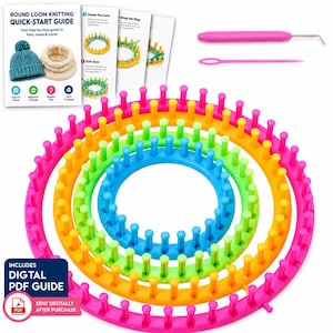 May include: A set of four circular plastic knitting looms in pink, orange, green, and blue, each with upright pegs. Includes a pink loom hook tool, a pink plastic yarn needle, and a printed quick-start guide for round loom knitting.