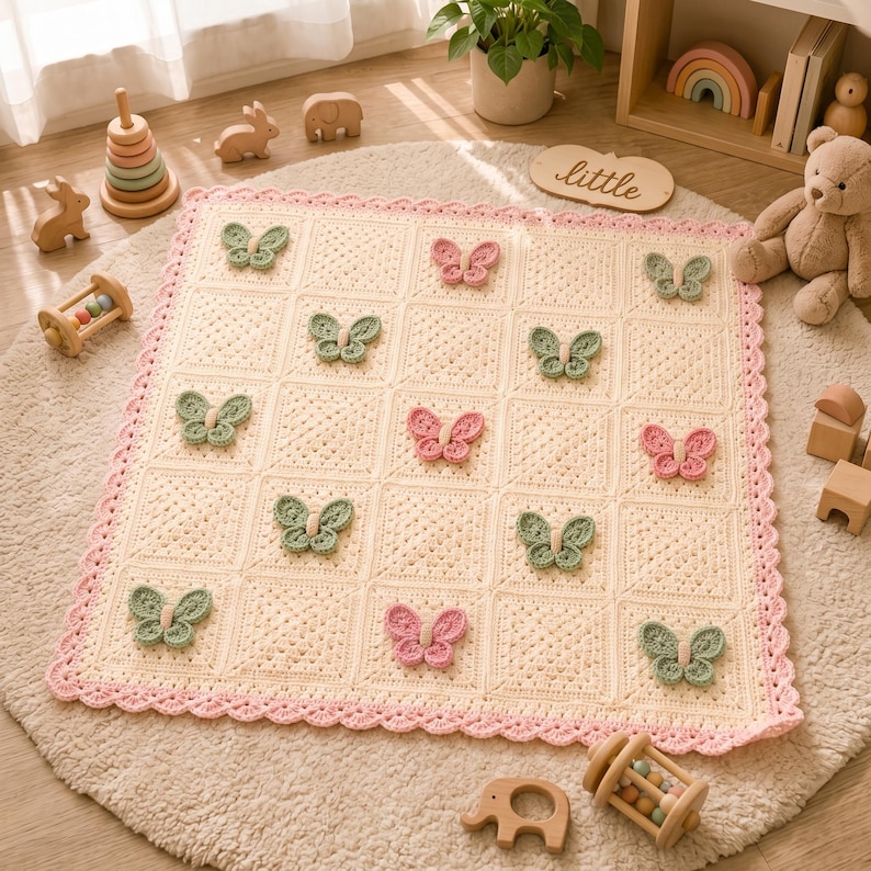 Puede incluir: Una manta cuadrada de ganchillo de color crema con un patr&oacute;n de cuadr&iacute;cula repetitivo. La manta est&aacute; adornada con mariposas de ganchillo tridimensionales en colores alternos rosa suave y verde salvia, terminada con un borde festoneado rosa.