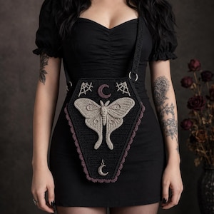 Gothic Crochet Pattern: Luna Moth Coffin Crossbody Bag with Crescent Moon, Witchy Purse PDF for Halloween and Alternative Fashion