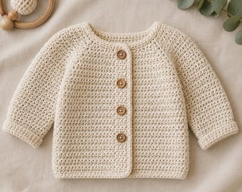 Patrón de cárdigan de bebé a crochet, desde recién nacido hasta 9 meses, suéter raglán suave para bebé en PDF, regalo para bebé de DK