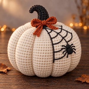 Pode incluir: Uma abóbora de crochê na cor creme com um caule cinza-escuro, um laço laranja e um desenho de teia de aranha preta com uma pequena aranha preta na lateral. A abóbora tem uma textura arredondada e canelada criada com pontos de crochê.