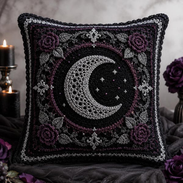 Gothic Crochet Pattern PDF, Crescent Moon Pillow with Plum Roses, Witchy Home Decor