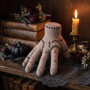 May include: A beige crocheted hand-shaped figure featuring dark brown stitched details across the fingers and wrist, mimicking a scarred appearance. The object is crafted with a dense, textured yarn pattern and stands upright on a flat base.