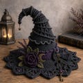 Gothic Crochet Patterns Witch Hat PDF, Moonlit Thorn Lace Centerpiece with Plum Rose for Halloween Decor