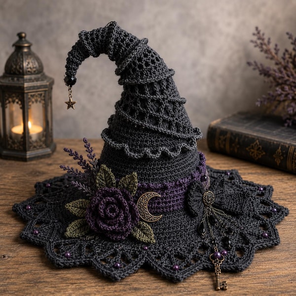 Patrones de ganchillo góticos: Sombrero de bruja en PDF, centro de mesa de encaje Moonlit Thorn con rosa ciruela para decoración de Halloween.