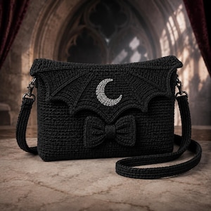 May include: A black crocheted crossbody bag featuring a flap shaped like bat wings, a silver crescent moon emblem centered on the flap, and a small crocheted bow detail below the moon. The bag includes a matching black crocheted shoulder strap.