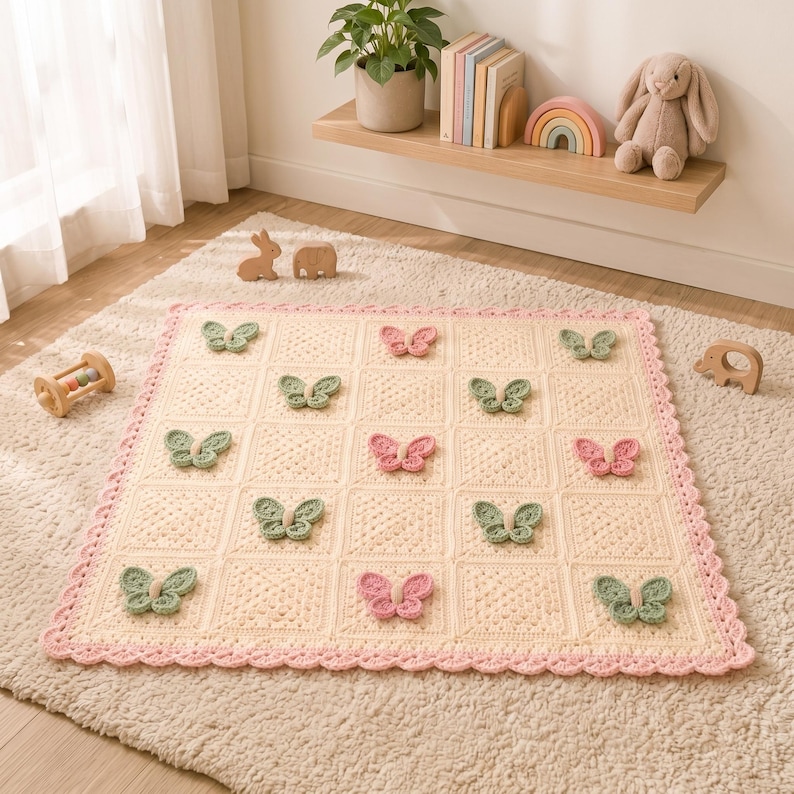 Puede incluir: Una manta cuadrada de ganchillo en hilo color crema con una cuadr&iacute;cula de cuadrados texturizados. La manta est&aacute; decorada con aplicaciones de mariposas tridimensionales en verde salvia y rosa suave, con un borde festoneado en rosa.