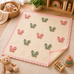 Puede incluir: Una manta de ganchillo cuadrada en hilo color crema con un borde festoneado rosa. La manta est&aacute; compuesta por paneles cuadrados individuales, cada uno decorado con un motivo de mariposa tridimensional en tonos alternos de rosa viejo y verde salvia.