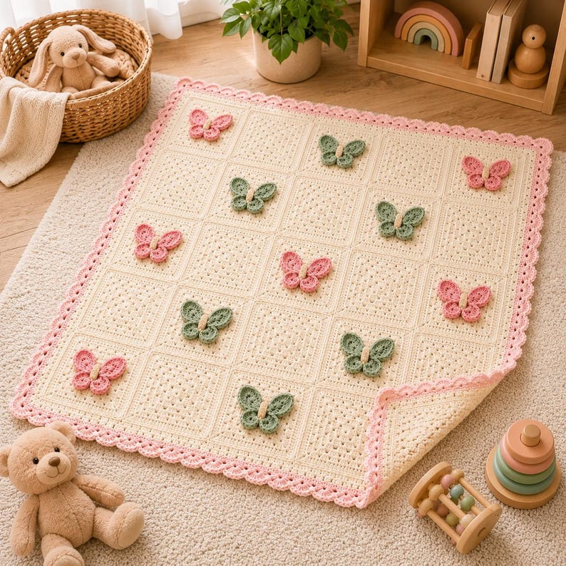 Puede incluir: Una manta de ganchillo cuadrada en hilo color crema con un borde festoneado rosa. La manta est&aacute; compuesta por paneles cuadrados individuales, cada uno decorado con un motivo de mariposa tridimensional en tonos alternos de rosa viejo y verde salvia.