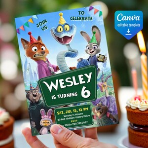 May include: A rectangular birthday invitation card featuring cartoon animal characters wearing party hats. The text reads: JOIN US TO CELEBRATE, WESLEY IS TURNING 6, SAT, JUL 15, 12 PM, Wesley's House, 33445 Hidden Valley Drive, RSVP to Stella 789.321.0987.