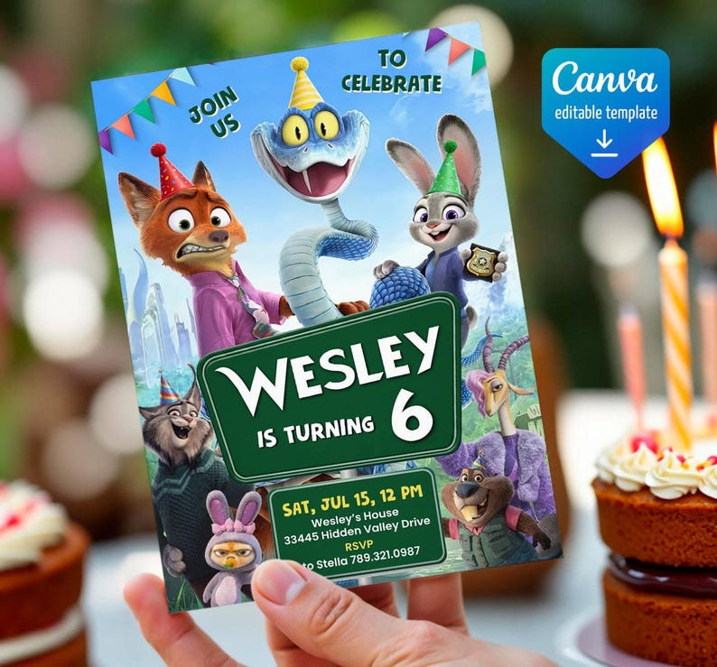 May include: A rectangular birthday invitation card featuring cartoon animal characters wearing party hats. The text reads: JOIN US TO CELEBRATE, WESLEY IS TURNING 6, SAT, JUL 15, 12 PM, Wesley's House, 33445 Hidden Valley Drive, RSVP to Stella 789.321.0987.