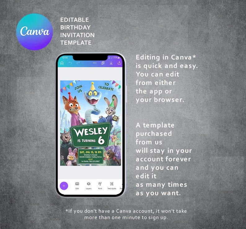 May include: A digital birthday invitation template displayed on a smartphone screen, featuring Zootopia characters wearing party hats. The text reads Wesley is turning 6, with event details including the date, time, and location on a green sign.
