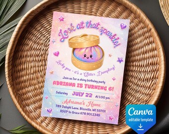 Glitter Dumpling birthday invitation, kawaii cute dumpling party invite, printable editable sparkle party template, girl bday