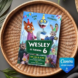 May include: A rectangular birthday invitation card featuring animated animal characters wearing party hats. The text reads: JOIN US TO CELEBRATE WESLEY IS TURNING 6, SAT, JUL 15, 12 PM, Wesley's House 33445 Hidden Valley Drive, RSVP to Stella 789.321.0987.