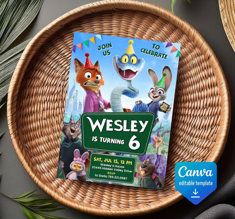 May include: A rectangular birthday invitation card featuring animated animal characters wearing party hats. The text reads: JOIN US TO CELEBRATE WESLEY IS TURNING 6, SAT, JUL 15, 12 PM, Wesley's House 33445 Hidden Valley Drive, RSVP to Stella 789.321.0987.