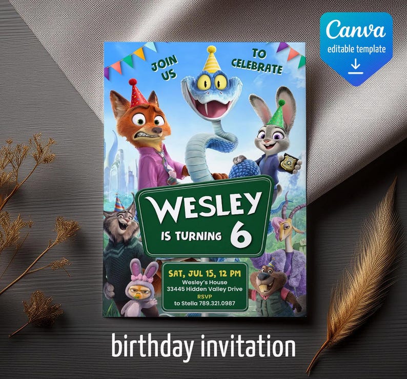 May include: A birthday invitation featuring Zootopia characters wearing party hats. The text reads: JOIN US TO CELEBRATE, WESLEY IS TURNING 6, SAT, JUL 15, 12 PM, Wesley's House, 33445 Hidden Valley Drive, RSVP to Stella 789.321.0987.