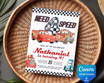 Cars invitation, Lightning McQueen invite, printable birthday party invitation, NFS Racing invitation template, 4th birthday boy