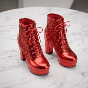 May include: A pair of red ankle boots featuring a metallic finish on the toe and heel, combined with glittery side panels. These lace-up boots include a platform sole, a block heel, and matching red laces threaded through silver-toned eyelets.