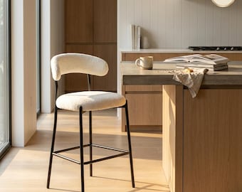 Teddy Sherpa Bar Stool, Counter Height Chair, Modern Kitchen Island Seating, Matte Black Frame, Boucle Barstool