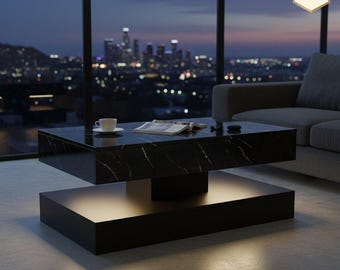 Modern LED Coffee Table, Faux Marble with Hidden Storage, Living Room Center Table