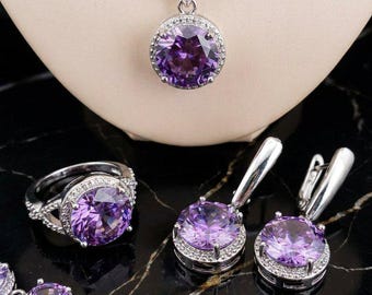 Conjunto de joyas Halo Crystal, conjunto de collar, pulsera, pendientes y anillo de plata, conjunto llamativo, regalo para damas de honor, elige color y tamaño.