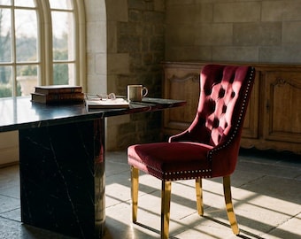 Burgundy Velvet Dining Chair, Set of 2 with Gold Legs, Modern Tufted Upholstered Accent Chair