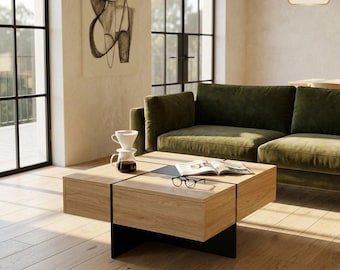 Modern Extendable Coffee Table with Hidden Storage | Pinwheel Top, Matte Black Base