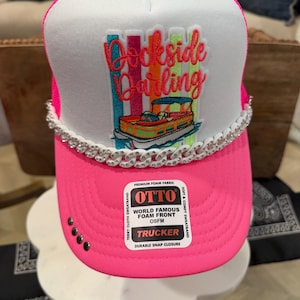 Custom Pink White Trucker Hat: Dockside Darling Design, Rhinestone Chain