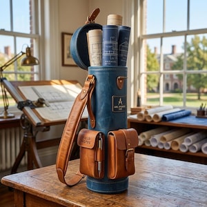 May include: A blue leather cylindrical carrying case with a brown leather shoulder strap and two front pockets. The case holds rolled architectural plans. The text "ARC STUDIOS 1988" is visible on the front. One pocket reads "FIELD NOTES".