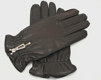 Men's Black Leather Winter Gloves | Luxury Zippered Dress Gloves