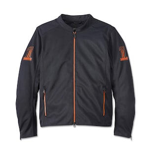 May include: A black zip-up jacket featuring a mandarin collar, a bright orange front zipper, and two orange-zippered side pockets. The sleeves display an orange number one graphic with stars and stripes, and the text Harley-Davidson is visible.