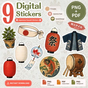 May include: Nine digital stickers with Japanese-style designs, including a red lantern, a koi fish, a drum, and a plant in a pot. The stickers are labeled "Japanese Kawaii Stickers" and are available in PNG and PDF formats.