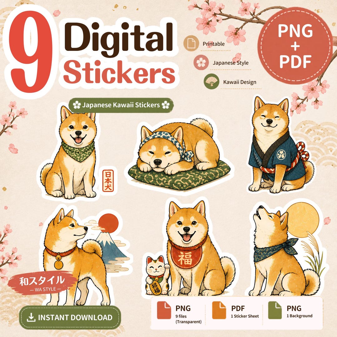 Shiba Inu Sticker Pack PNG PDF | Japanese Dog Stickers | Kawaii Wa ...