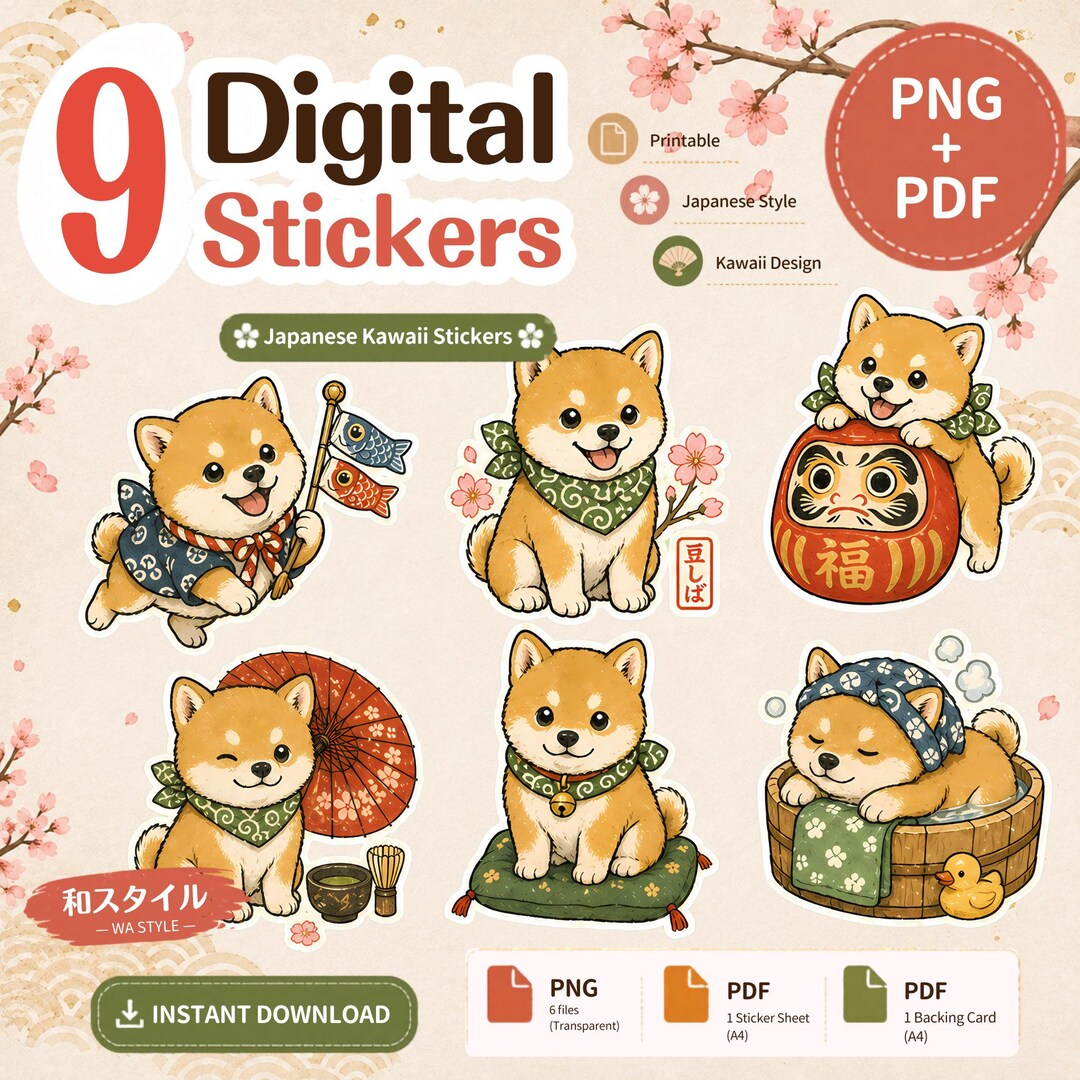 Mini Shiba Sticker Pack PNG PDF | Kawaii Japanese Shiba Inu Stickers ...