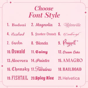 May include: A light pink chart titled Choose Font Style featuring a numbered list of twenty-one distinct typography options including Bodoni, Magnolia, Adenville, Hazeland, Franken-Deutsch, Candlescript, Garden, Blenda, Prajurit, Oswald, Coiny, Cream Cake, Aloevera, Painter, AMAGRO, Chomsky, Fabulous, RAILROAD, FISHTAIL, Spicy Rice, and Helvetica.